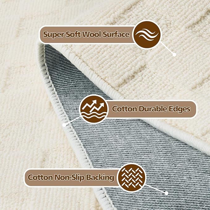 ANSSO Wool Rugs 8x10 for Living Room,80% Merino Wool and 20% Cotton Soft Tufted Area Rug with Cotton Non-Slip Backing,Large Area Rug for Bedroom Bedroom, Dining and Home Office (Cream)