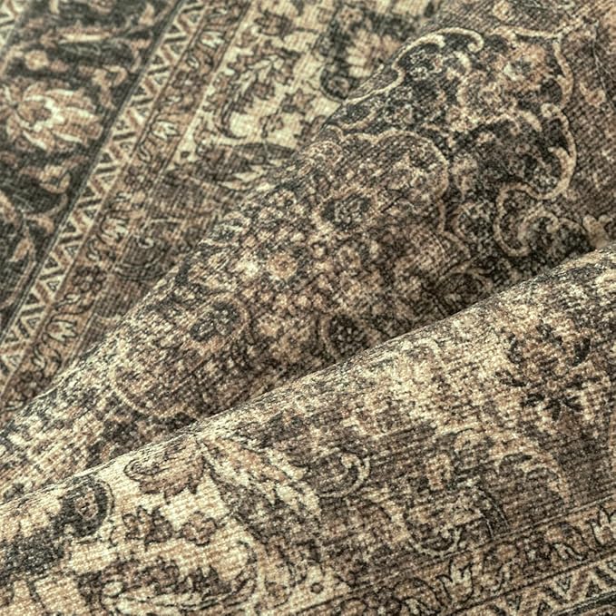 2x5 Washable Brown Runner Rug Vintage Hallway Kitchen Carpet Non-Slip Soft Low Pile Distressed Throw Rug for Bedroom Bathroom Laundry Living Room