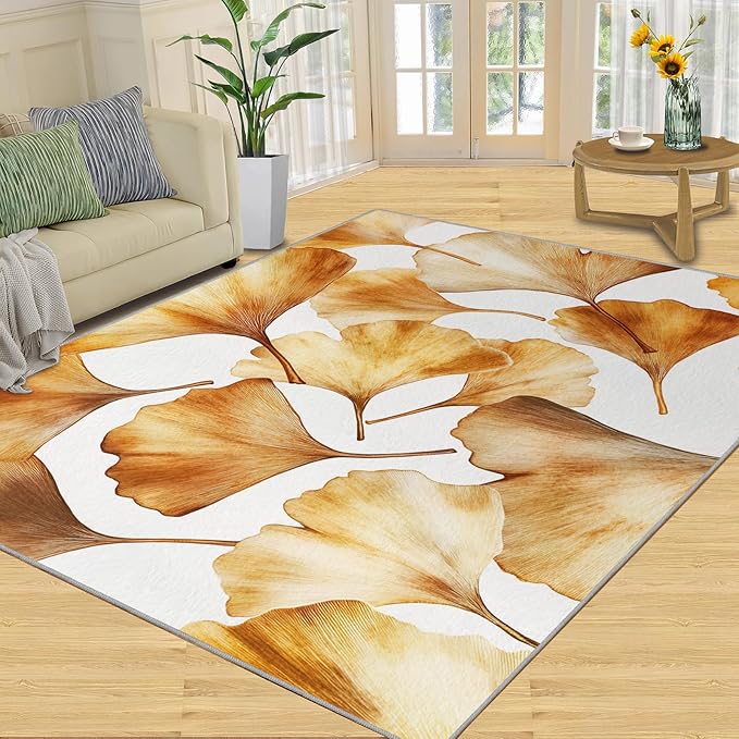 Golden Leaf Rugs for Bedroom - 3x4 Area Rug - 3D Ginkgo Leaf Rugs for Living Room, Modern Simple Art Rug, Non-Slip Washable Home Decor Carpet