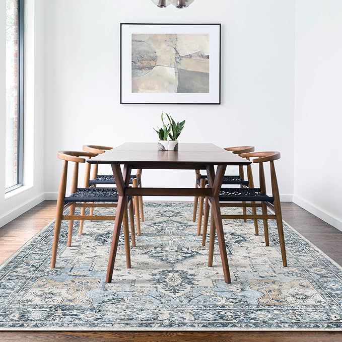 GENIMO 3x5 Area Rugs for Living Room, Machine Washable Rug, Non Slip Vintage Rugs, Low Pile Lightweight Chenille Print Rug for Bedroom, Dining Room, Home Office, Blue