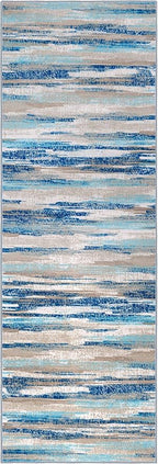 Modern Abstract Runner Rug 2.6x8, Blue Washable Kitchen Runner Non-Slip Soft Hallway Rug Runner Thin Print Faux Wool Carpet for Entryway Bedroom Laundry Room Indoor Home Decor