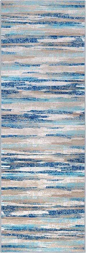 Modern Abstract Runner Rug 3x8, Blue Washable Kitchen Runner Non-Slip Soft Hallway Rug Runner Thin Print Faux Wool Carpet for Entryway Bedroom Laundry Room Indoor Home Office Decor