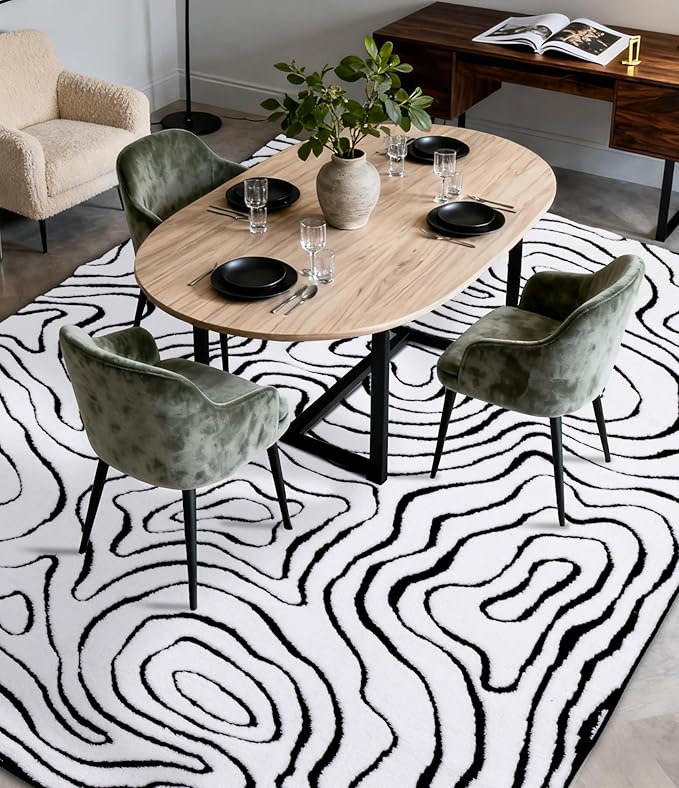 YIHOUSE Modern Rugs for Living Room 6x9, Washable Black and White Bedroom Rug, Fluffy Geometric Dining Room Rugs for Under Table Home Decor