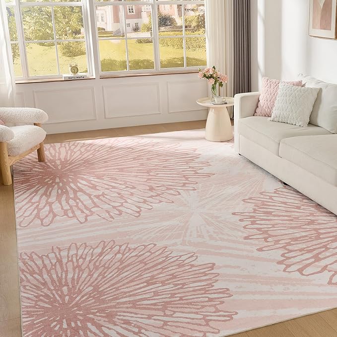 WITSHOCK Pink Rugs 10x12 for Bedroom Girls,Floral Modern Distress Print Pattern Carpet for Living Room Dining Room,Stain Resistant Anti Slip Backing Rugs for Kids Room Nursery Playroom,Light Pink