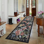 2'6''x8' Machine Washable Runner Rug, Kitchen Hallway Area Rug Black Vintage Boho Floral Ultra Non-Slip Low Pile Soft Faux Wool Carpet, Kids and Pets Friendly for Bedroom Entryway Nursery Decor Rug