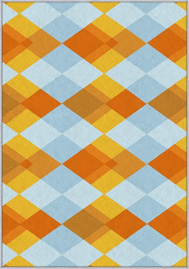 Washable 6x6 Diamond Rug Living Room, Geometric Orange and Blue Plaid Design Area Rugs for Bedroom, Diamond Home Decor Carpet, Low Pile, Non Slip, Kids & Pet Friendly (N4144)