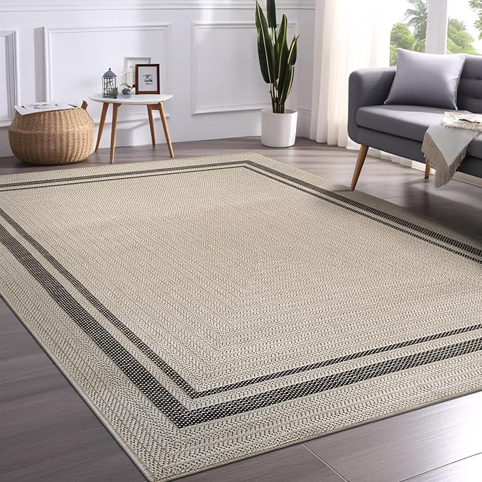 Beverly Rug Easy Jute Bordered Rug 6x9 Washable Durable Indoor Outdoor Area Rugs for Living Dining Room Patio Office Stain Resistant Non Shedding Casual Indoor Outside Carpet 6 x 9 Off-White