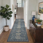 Bavni Washable Runner Rug 2’6”x10’, Non Slip Long Hallway Runner, Vintage Aesthetic Ultra Thin Low Pile Washable Carpet for Kitchen Bedroom, Blue