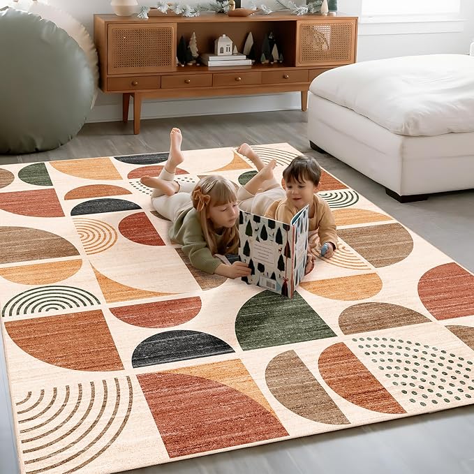 MUJOO Boho Rug Washable,4x6.5 Area Rugs for Bedroom Living Room Bedside Office,Throw Floor Carpet Non Slip Soft Indoor Modern Abstract Bohemian Terracotta