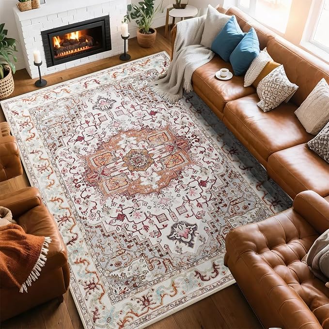 Washable Area Rugs 5x7, Beige Vintage Rugs-Low Pile Carpet, Non-Slip Distressed Printed Patterns Rugs for Bedroom, Living Room, Dining Room, Beige