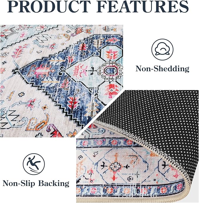 Lahome Boho Round Rug - 8Ft Washable Area Rug, Non-Slip Small Bathroom Rug, Lightweight Bedroom Throw, Oriental Distressed Print Carpet for Entryway, Sofa, Nursery, Kids Room