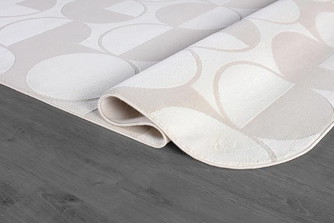 Beverly Rug Modern Geometric Area Rug 4x6 Low-High Pile Durable Soft Abstract Circular Indoor Rugs for Living Dining Room Office Stain Resistant Non Shedding Casual Indoor Carpet Beige White 4 x 6
