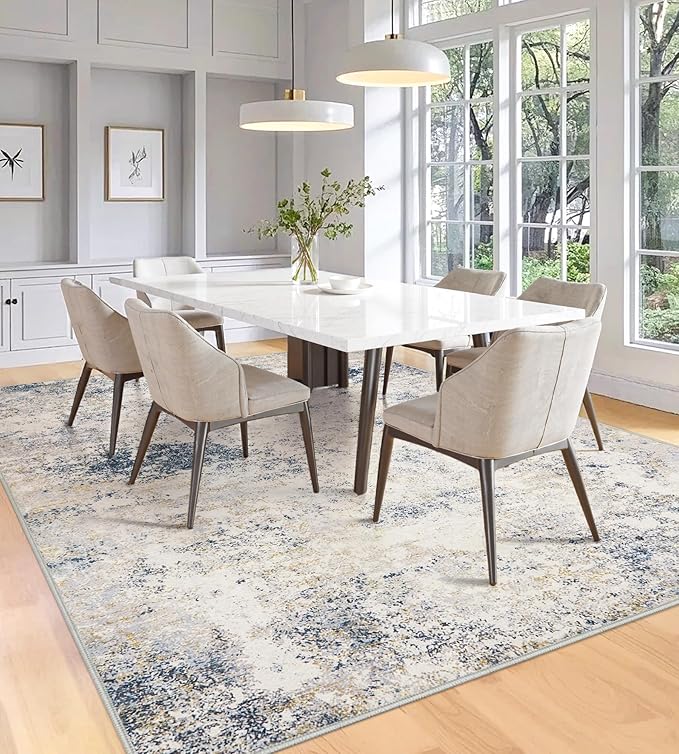 4x6 Washable Area Rugs - Modern Abstract Rugs for Living Room Non-Slip Low Pile Soft Machine Washable Carpet for Bedroom, Dining Room, Nursery, Home Office, Farmhouse (4'x6' Beige Blue)