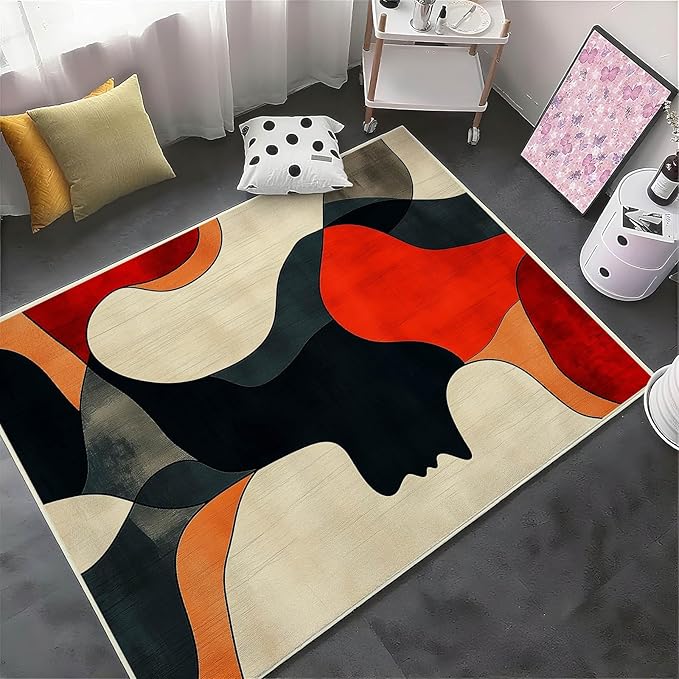 10x14 Abstract Rug, Abstract Area Rug, Geometric Area Rugs, Modern Geometric Rugs, Minimalist Face Carpet, Contemporary Carpet for Living Room, Non Slip & Faux Cashmere Low Pile