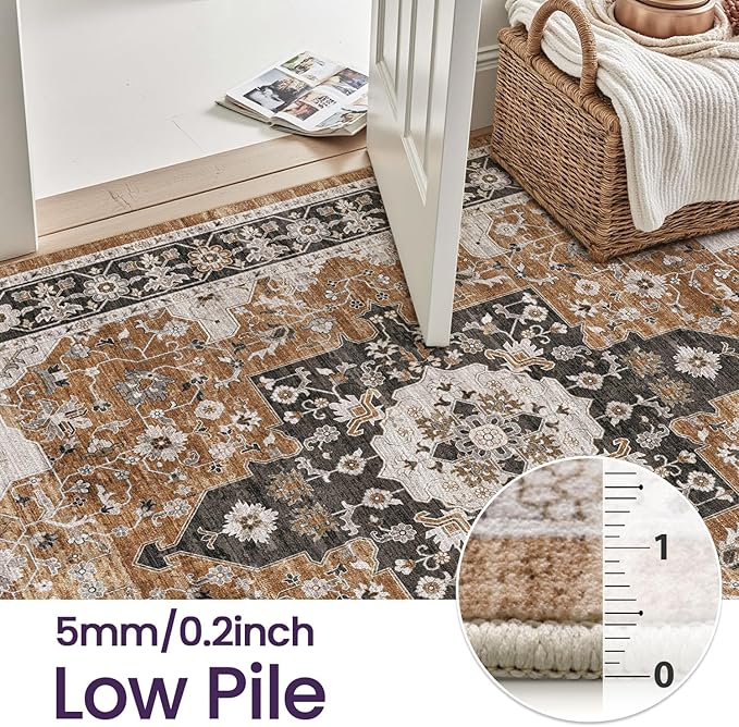 DEXI 9x12 Area Rug for Living Room, Washable Vintage Farmhouse Thin Rug Indoor Floor, Non Slip Stain Resistant Low Pile Carpet for Dining Room Bedroom Office, Brown