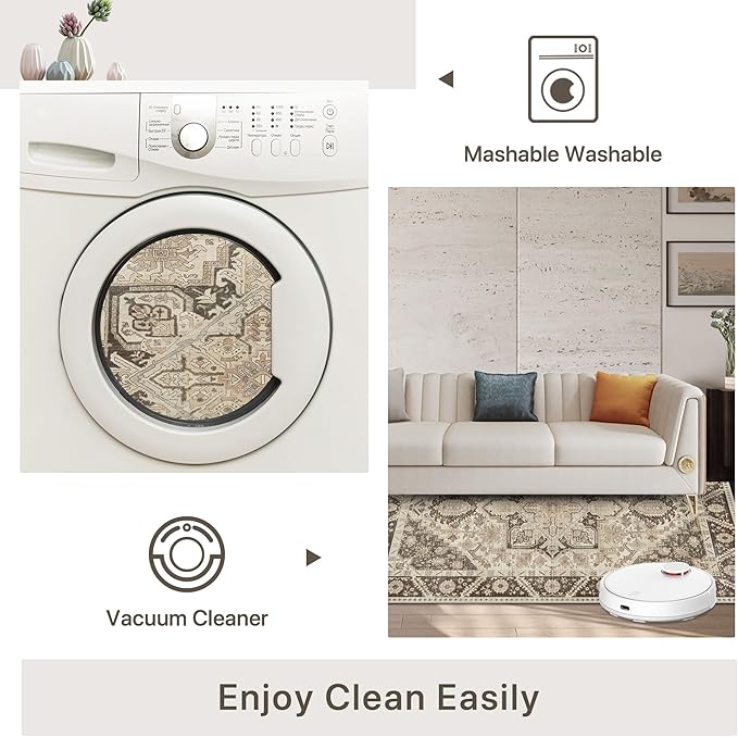 2x5 Runner Rug Machine Washable Boho Runners for Hallway,Ultra-Thin Low Pile Rug,Lightweight Indoor Carpet,Non Slip Floral Runners for Enrtyway, Corridor, Home Office, Kitchen,Brown