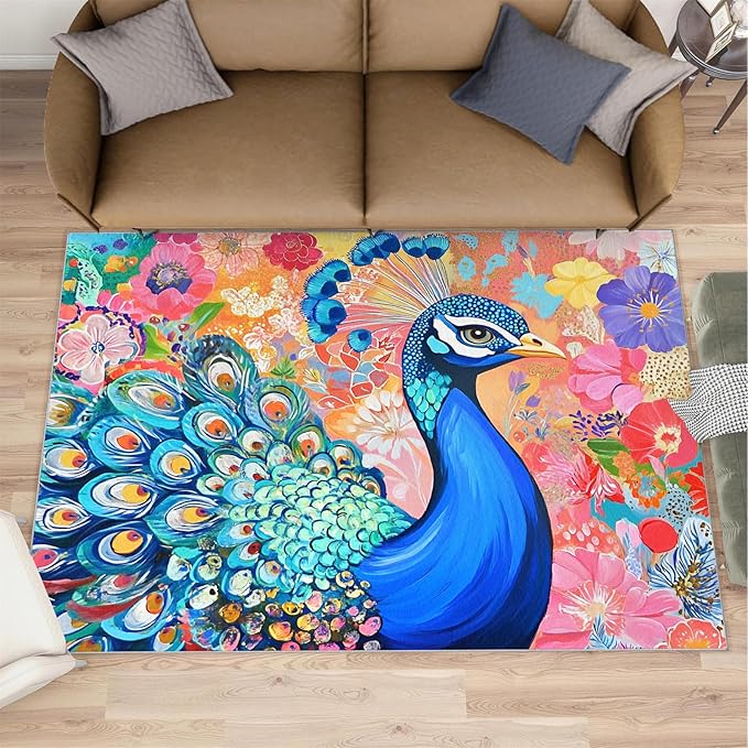Peacock Area Rug 5x8-5x8 Rug, Boho Floral Rugs for Living Room, Colorful Carpet, Oil Painting Art Washable Area Rugs for Bedroom, Aesthetics Carpet - Peafowl Home Decor & Gifts