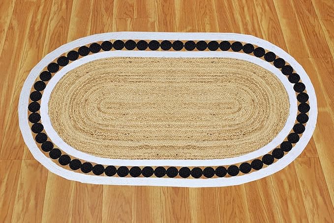Flatweave Runner 2.6x16 Oval Kilim Jute Runner Hand Braided Jute Thick 0.27" Solid Pattern Black Beige Natural Oval Handmade Boho Indoor Outdoor Rugs for Hallway Enterway Corridor
