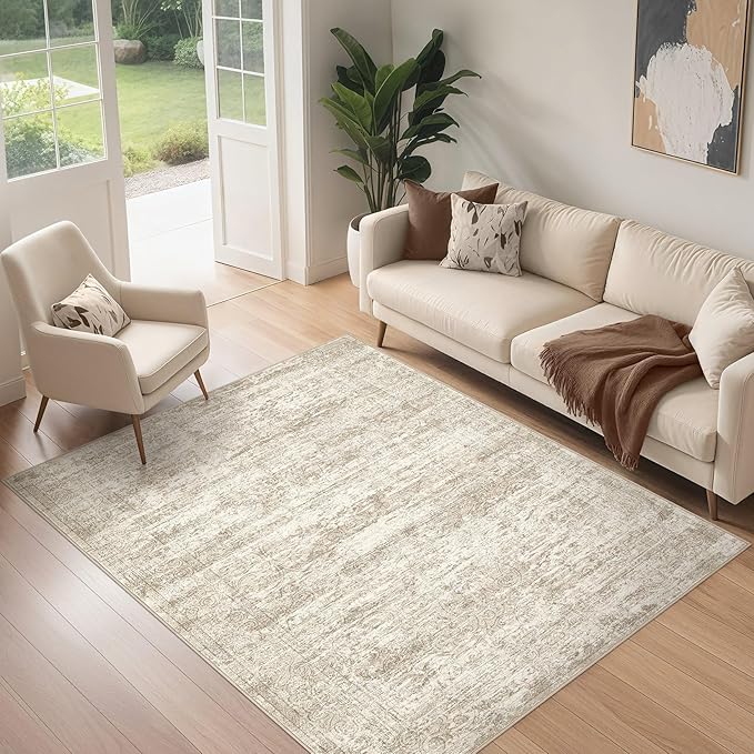 Area Rug Living Room Rugs - 4x6 Large Soft Indoor Neutral Modern Abstract Low Pile Washable Rug Carpet for Bedroom Dining Room Farmhouse Home Office - Vintage Beige