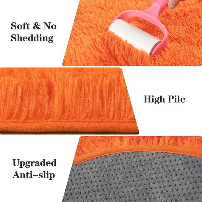 Soft Fluffy Area Rug for Bedroom, Orange Fuzzy Shaggy Oval Throw Rugs for Bedside, Non-Slip Cozy Plush Shag Carpet for Girls Kids Room Nursery Dorm Living Room, 2.6 x 5.3 Feet