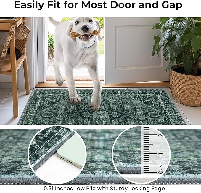 KOZYFLY Runners for Hallways 2x5 Ft Washable Kitchen Runner Rug Boho Runner Rug for Entryway Indoor Printed Oriental Faux Wool Floor Carpet Runner for Laundry Room Kitchen Hall, Dark Green