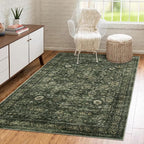 Morebes Vintage Throw Rugs, 3x5 Washable Rug Non Slip, Soft Area Rug for Bedroom, Distressed Non-Shedding Floral Rug for Entryway Bathroom Kitchen Foyer Bedside Playroom Christmas Decor,Dark Green
