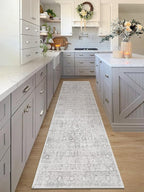 LIVEBOX Washable Runner Rug 2.5x8 - Long Grey Kitchen Rug, Low-Pile Floral Oriental Anti-Skid Carpet Runners for Hallway Bedroom Entryway, Silverygray