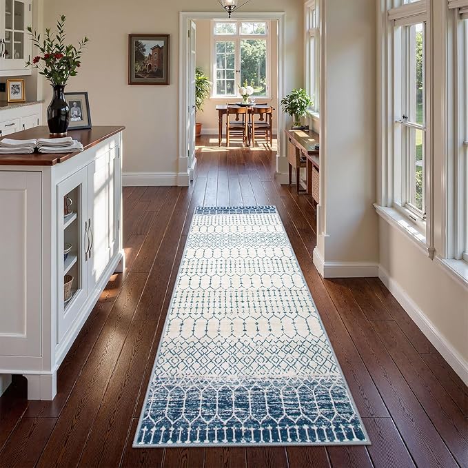 Lahome Moroccan Washable Blue Runner Rug 2x6 Rug Runners for Hallways Non Slip Throw Stain Resistant Kitchen Runners, Geometric Print Distressed Indoor Floor Rug for Entryway Bathroom Bedroom