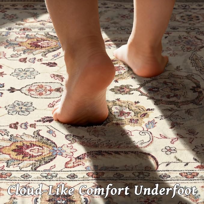 Washable 8x10 Area Rugs for Living Room, Boho Non-Slip Vintage Distress Large Rugs for Bedroom Dining Room Nursery Office, 0.3" Neutral Oriental Throw Thin Carpet, Beige/Rust/Green/Multi