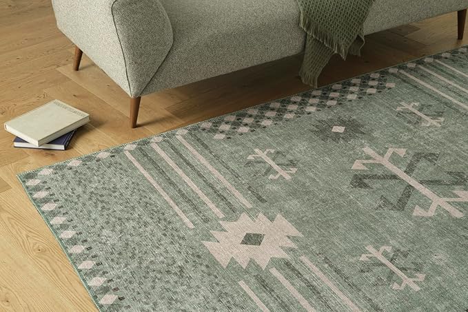 Revival Rugs Flam 6'x9' Zero-Shedding Area Rug for Living Room Bedroom - Oeko-TEX Certified, Low Pile, Spot Clean, Green
