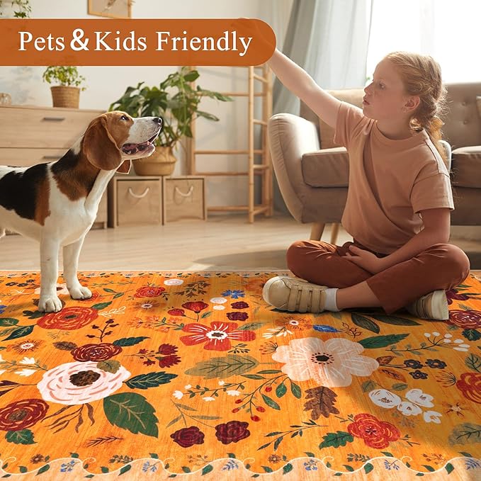 U'Artlines 5x7ft Fall Floral Area Rug, Machine Washable Ultra Soft Low Pile Non Slip Non Shedding Accent Floor Carpet for Living Room, Bedroom, Dining Room, Office (Orange)