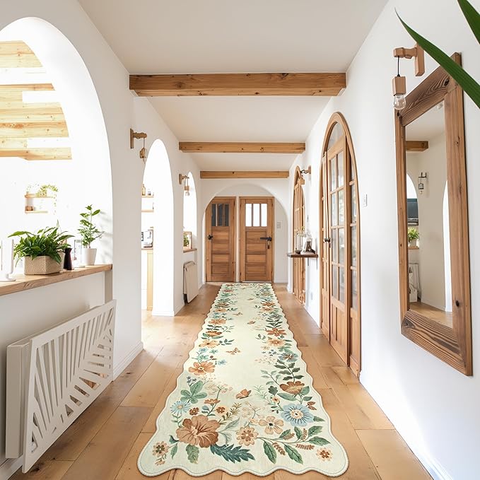 Lahome Floral Hallway Runner Rug Non Slip, 2'6''x10' Washable Runner Soft Ultra-Thin Soft Hallway Rug, Distressed Long Carpet for Entryway Bathroom, Beige