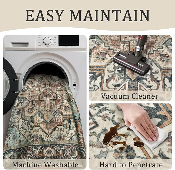 4x6 Machine Washable Area Rug for Living Room, Blue Beige Boho Vintage Floral Rug Large Non-Slip Low Pile Soft Faux Wool Carpet, Kids and Pets Friendly for Bedroom Dining Room Farmhouse Decor Rug