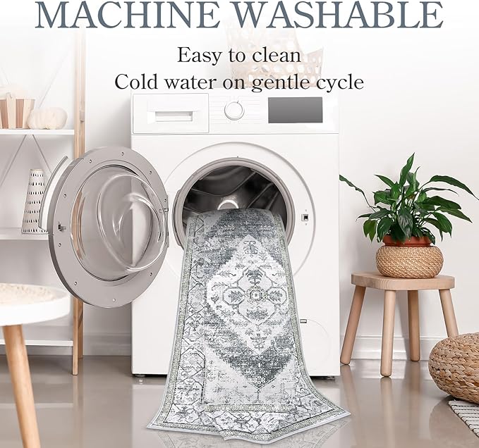 Lahome Boho Hallway Rug Runner - 2x4 Washable Non-Slip Small Bathroom Runner, Oriental Distressed Untra-Thin Carpet Rug for Kitchen Entryway Bedroom Laundry Room, Grey
