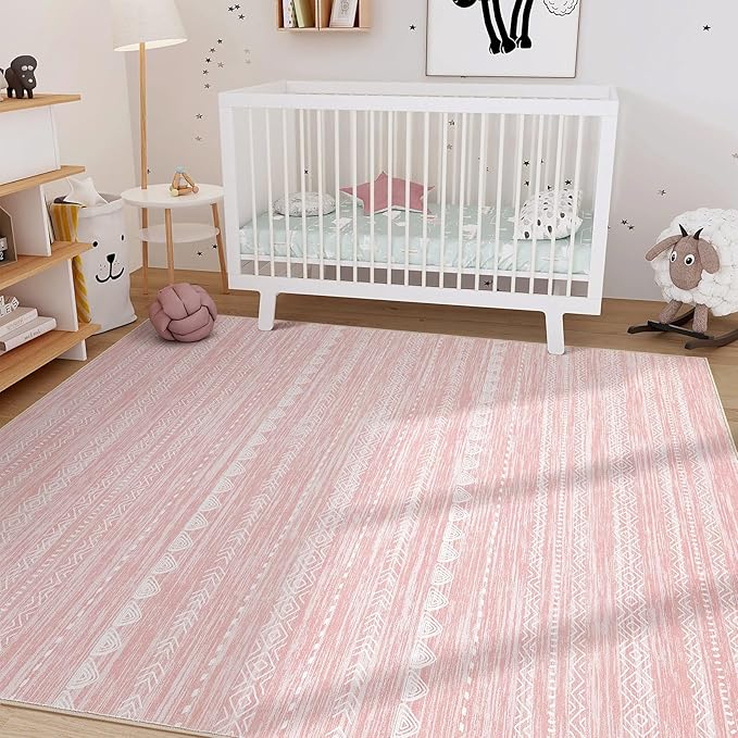Nakagishi Pink Rugs for Bedroom Girls: 7x10 Washable Boho Large Neutral Cute Soft Area Rug Modern Indoor Floor Non Slip Accent Carpet for Living Room Nursery Kids Playroom Preppy Room Dorm Baby Room