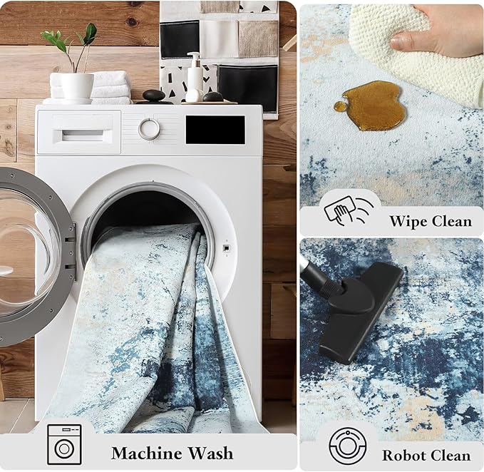 Washable Abstract Rug, 5x8 Modern Area Rugs with Non-Slip Rubber Backed for Living Room, Thin but Soft Contemporary Carpet Kitchen Bedroom Dining Room Decor, Blue White