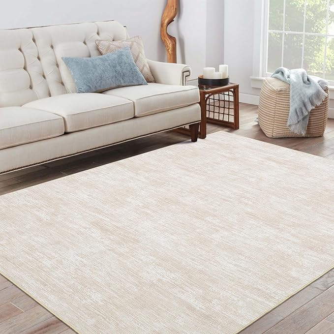 RUGSREAL Bedroom Area Rug 4x6 Modern Abstract Area Rug Stain Resistant Small Living Room Rug Contemporary Dining Room Rug Non-Slip Solid Rug Aesthetic Accent Floor Carpet for Kitchen Office, Beige