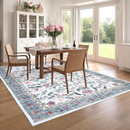 5x7 Washable Non-Slip Rug, Vintage Floral Area Rug for Living Room, Low Pile Farmhouse Distressed Carpet for Nursery Playroom Dorm Teens Office, Light Blue