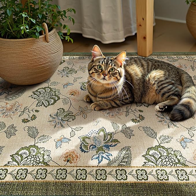 jinchan Elora 3x5 Floral Rug for Entryway Washable Kitchen Rug Vintage Romance Design Small Mat Non Slip Indoor Doormat Lightweight Low-Profile Throw Carpet for Bathroom Laundry Room, Green/Beige