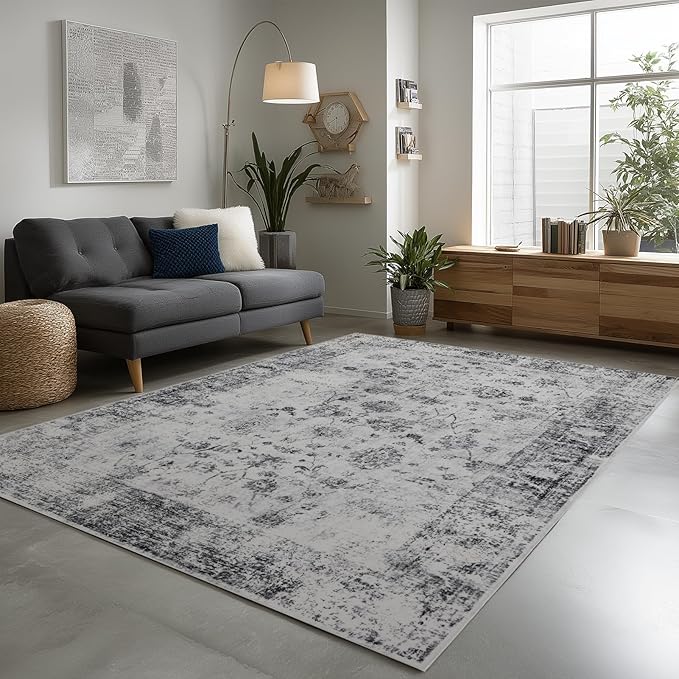 Washable Rugs 5x7 Area Rugs for Living Room, Thin Carpet for Bedroom, Soft Faux Wool Retro Dining Room Rug，Non Slip&Non-Shedding Resistant Low Pile Vintage Print Rug for Home Office (White/Grey)