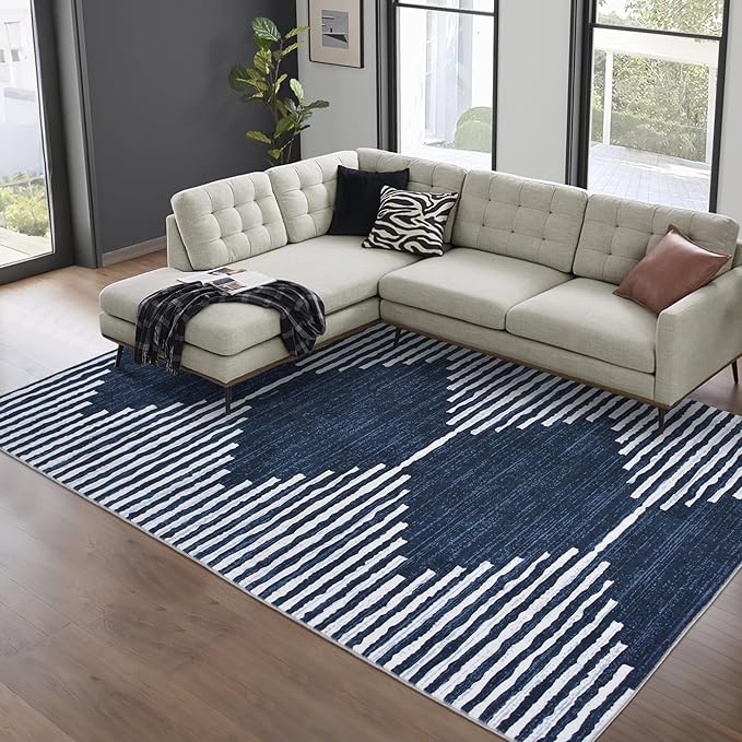 HelloTree Area Rug for Living Room 8x10 Washable Geometric Moroccan Rug Stripe Farmhouse Bohemian Minimalistic Non Slip Non Shedding Ultra Thin Soft Rug for Bedroom Office DiningRoom Nursery-Blue