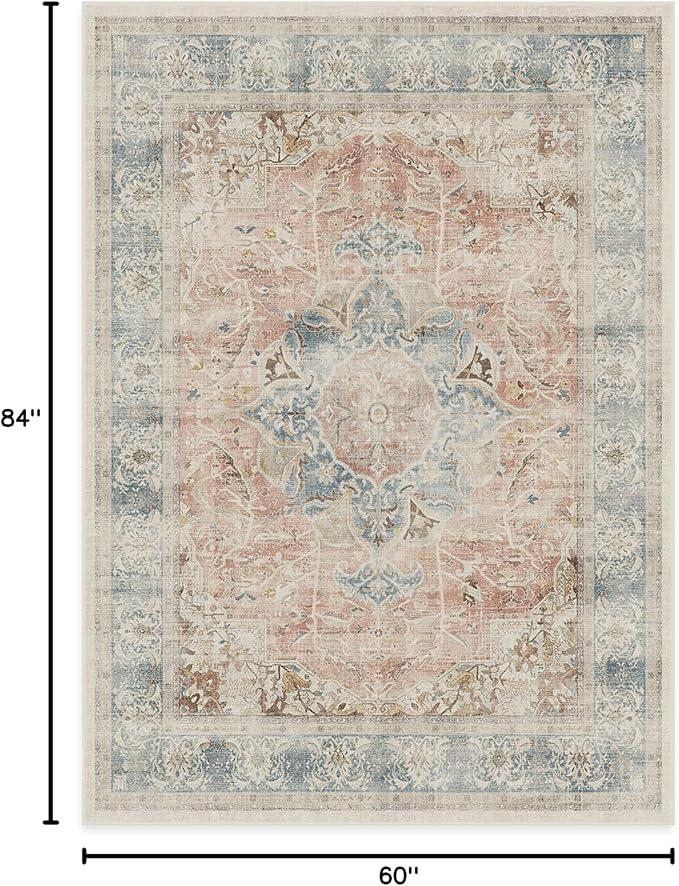 RUGGABLE Washable Vintage Area Rug – Sarrah Coral 5x7, Stain-Resistant, Non-Slip – Medium Machine Washable Rugs for Living Room, Bedroom, Hallway, Entryway & Office–with Cushioned Pad
