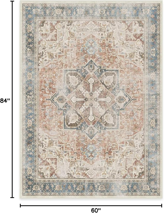 RUGGABLE Washable Vintage Area Rug – Kamran Coral 5x7, Stain-Resistant, Non-Slip – Medium Machine Washable Rugs for Living Room, Bedroom, Hallway, Entryway & Office–with Standard Pad