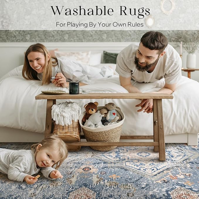 Phantoscope Washable Area Rug 9'x12' Non-Slip, Vintage Neutral Rugs for Living Room, Bedroom, Dining Room, Distressed Boho Geometric Medallion Pattern, Low-Pile Foldable Floor Carpet, Dusty Blue/Multi