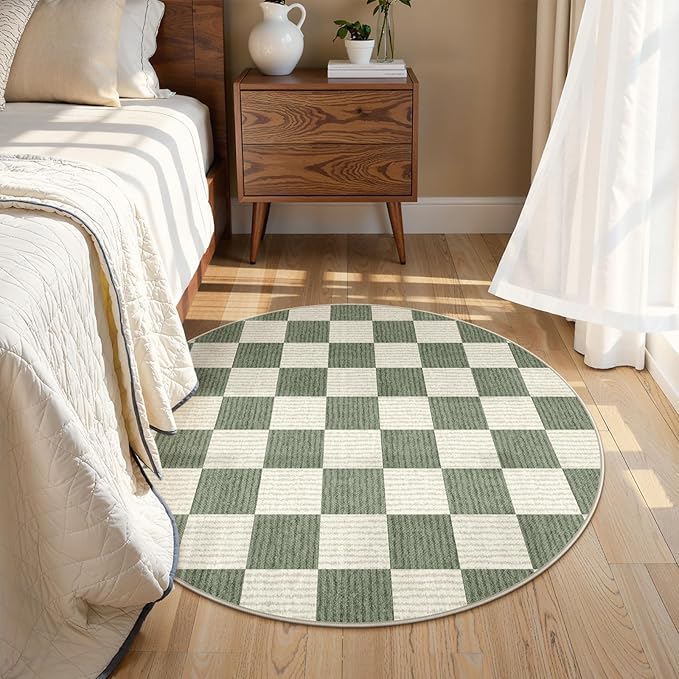LIVEBOX Checkered Round Rug 4 Ft Washable Area Rug for Playroom, Kids Non-Slip Neutral Classic Circle Rug Geometric Large Carpet Soft Boys Rug for Classroom Dorm Bedroom(Green,120R)