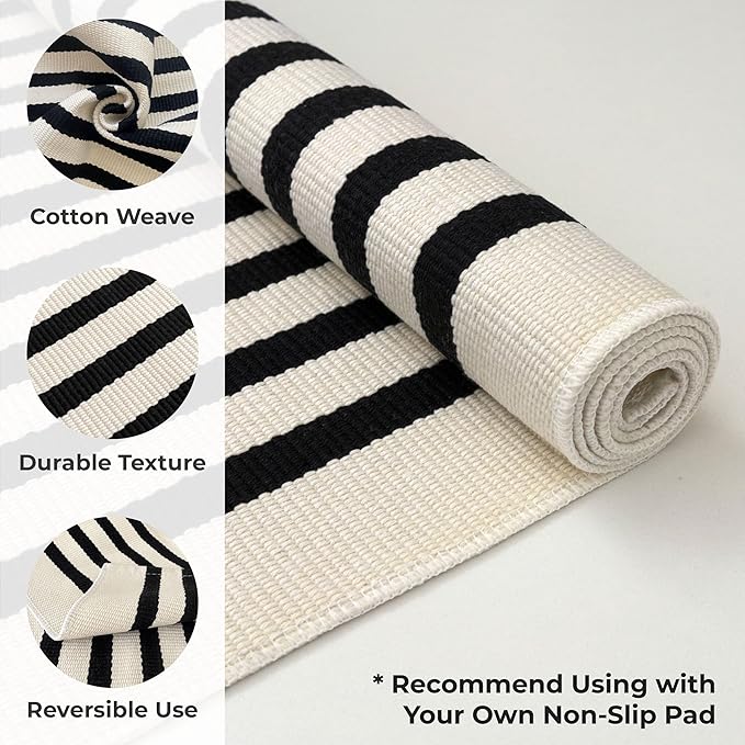 KOZYFLY Black and Beige Striped Rug 5x8 Ft Area Rug Washable Indoor Outdoor Rug Cotton Outdoor Patio Rugs Farmhouse Rugs Living Room Carpet for Patio Dining Room Bedroom
