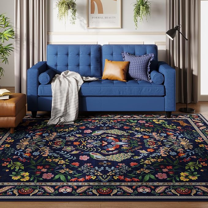 Rugcomf 8x10 Area Rugs for Living Room Washable Rug Floral Non-Slip Large Rug for Living Room, Bedroom, Farmhouse, Dining Room, Kids Playroom(Blue)