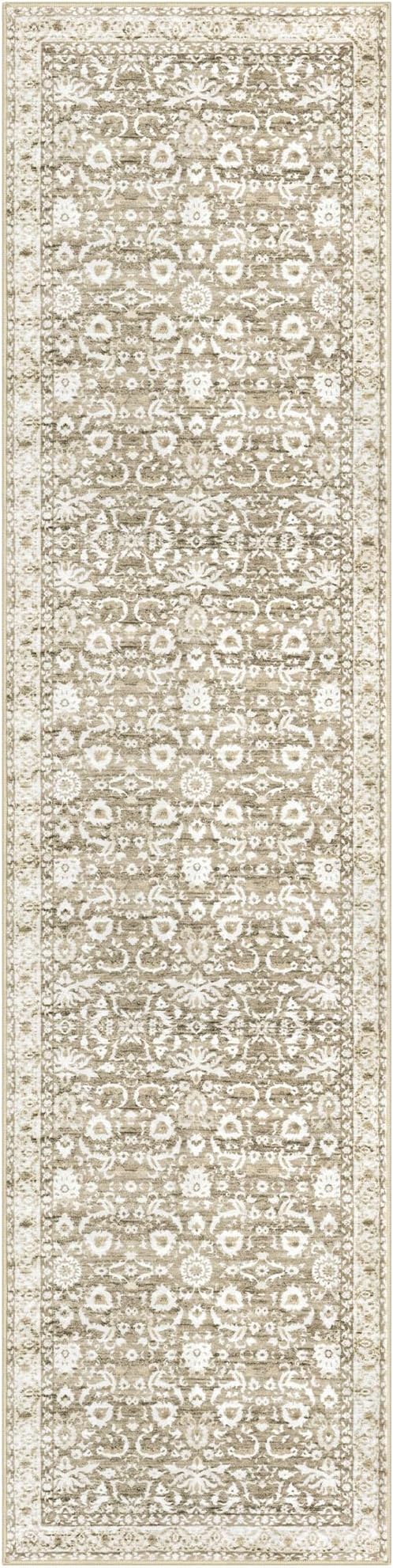 Vintage Floral 2x7 Runner Rug, Beige Tan White Washable Kitchen Runner Rug Non-Slip Hallway Rug Runner Super Soft Thin Printed Faux Wool Carpet for Entryway Bedroom Laundry Room Indoor