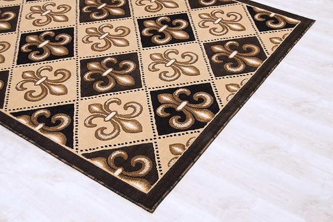 Allstar 5x7 Black Modern Rectangular Accent Rug with Ivory and Mocha Floral Fleur De Lis Diamond Design (5' x 7')
