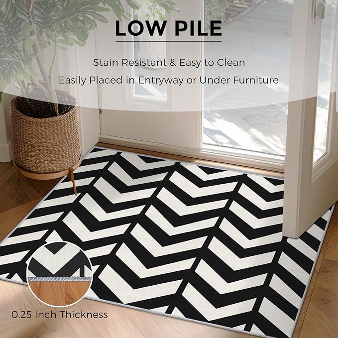 4x5 Black and White Chevron Rugs for Bedroom Decor, Washable Chevron Geometric Pattern Area Rug, Living Room Home Decoration, Non Slip Soft Thin, Modern Zigzag Decor Carpet PF-P 49
